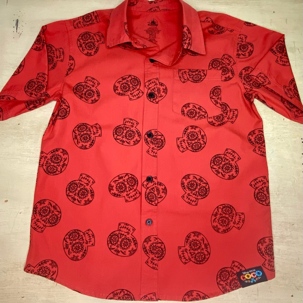 Disney Pixar Coco Shirt Kids Size 9/10 Short Sleeve Button Geometric Red